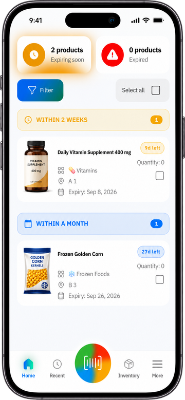 SimSim app showing upcoming and expired product alerts on a phone
