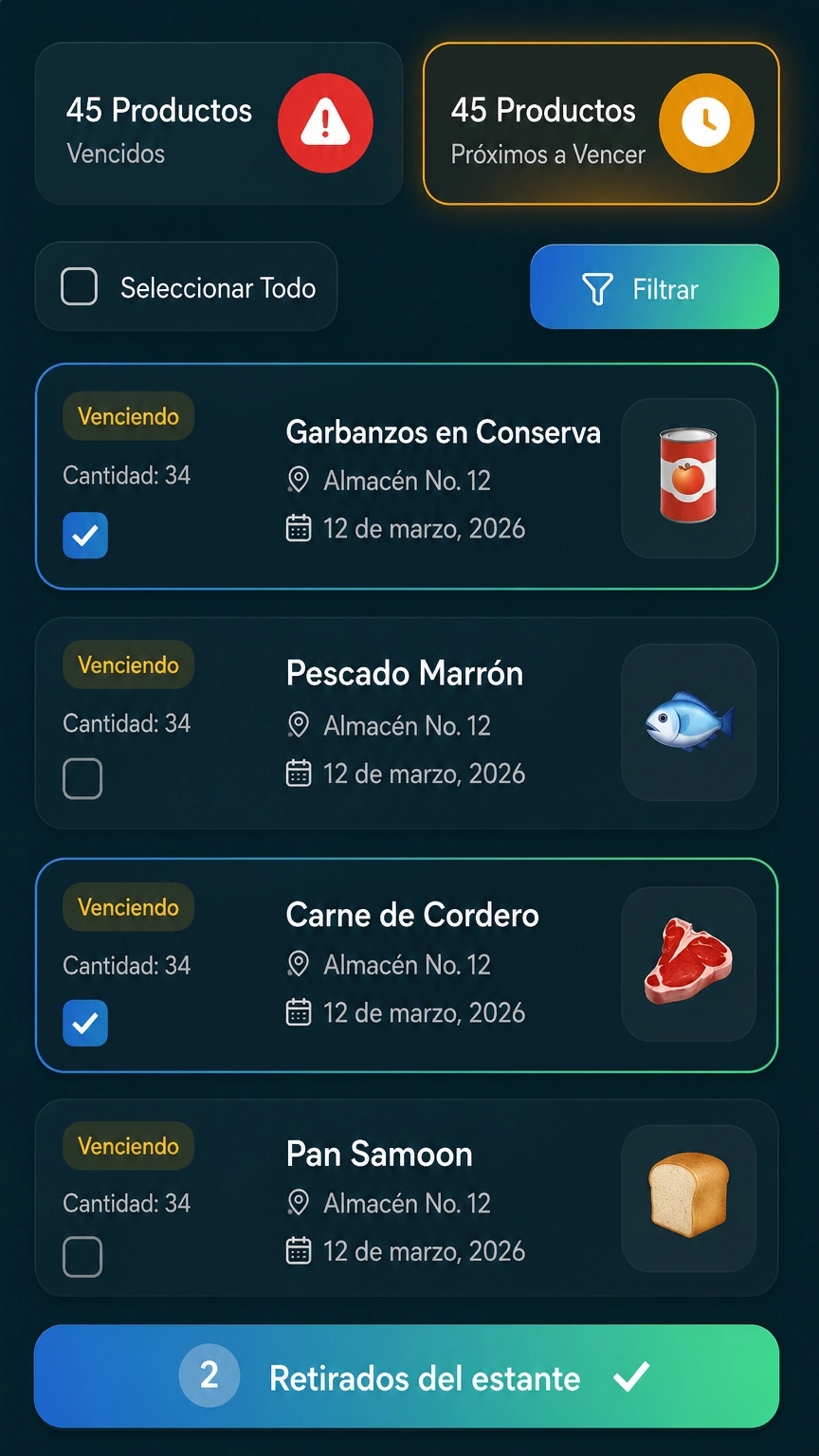 Pantalla de SimSim para controlar fechas de caducidad