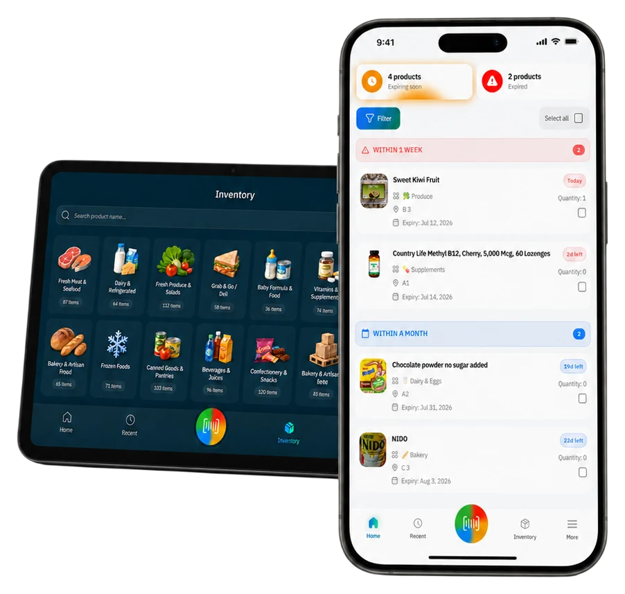 SimSim expiry date tracking app showing alerts and organized inventory on phone and tablet